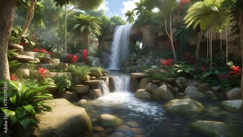 Peace in the Wild  A cascading waterfall in a tropical garden creates a calming and soothing atmosphere