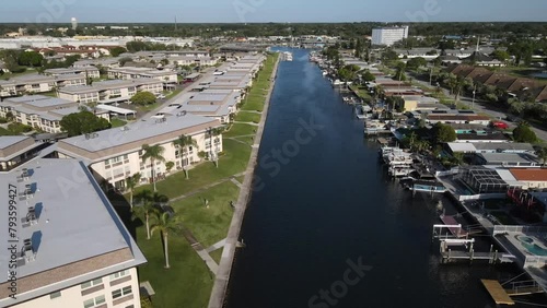 Aerial view of waterfront condos and homes in New Port Richey, Florida photo