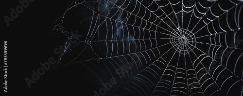 spider web glistens with dew against a mysterious, dark and empty background.