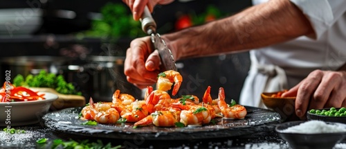 Closeup a professional chef cooks of fresh shrimp a delicious menu in restaurant