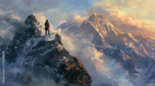 As he stands on the mountain peak, the young man feels a surge of inspiration and excitement at the endless possibilities that lie ahead on his journey photo