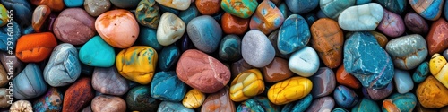 A vivid array of smoothly polished beach pebbles in various colors creates a harmonious texture perfect for backgrounds or designs. photo