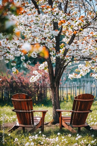 Retreat With Wooden  Chairs Under Blossoming Tree