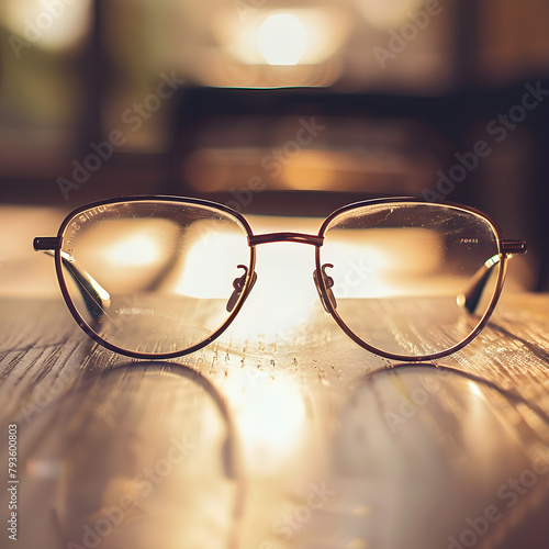 Close-up Perspective of Clear Optical Glasses on a Wooden Table Top