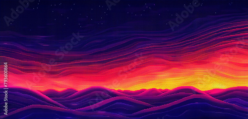Harmonious sunset colors in pixel waves, mimicking a breathtaking digital dusk.