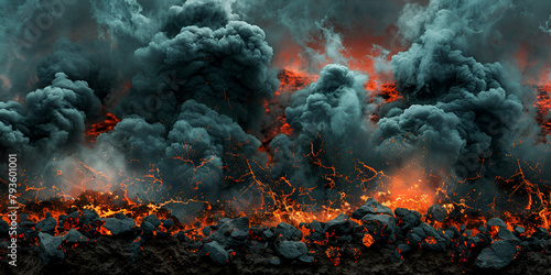Realistic Volcano Lava,Black Rock Striation with Lava Veins and smoke Vibrant Raking Contemporary Background Image photo