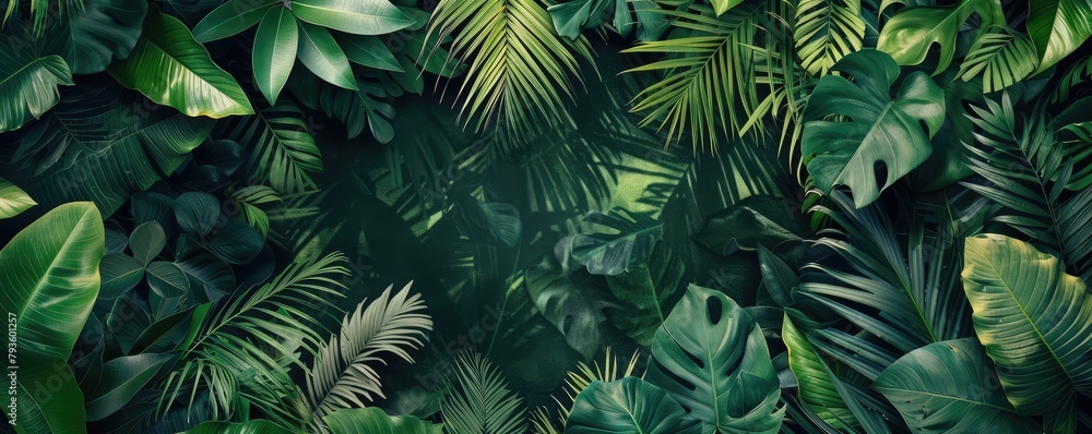 wallpaper with dense green tropical jungle foliage presenting various shades and leaf types. copy space for text. wallpaper with dense green tropical jungle foliage presenting various shades and leaf types. copy space for text.