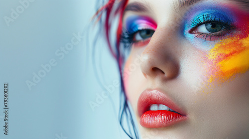 A young female with vibrant and colorful makeup  showcasing bold and bright colors on her face. Copy space.