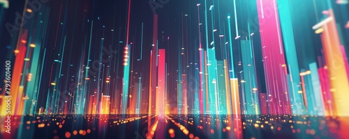 bustling cityscape at night, defined by vibrant lights and digital color effects.