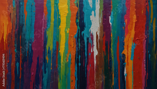This colorful abstract artwork features a blend of dripping and brushstrokes