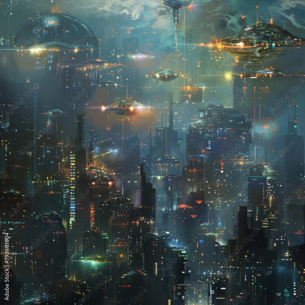 A cityscape with many buildings and flying objects