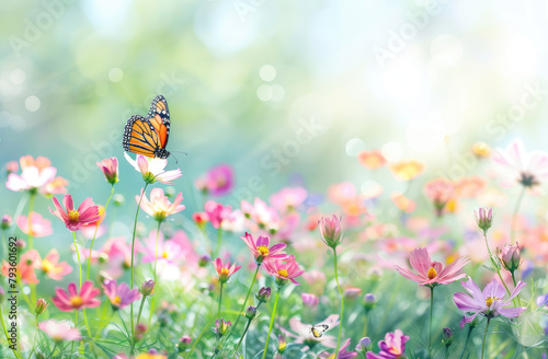 Beautiful flower with butterfly on pastel background, spring nature, green meadow. Soft focus, concept of empty space © Kien