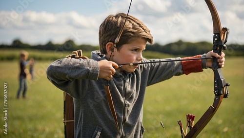 A boy practicing archery in a field