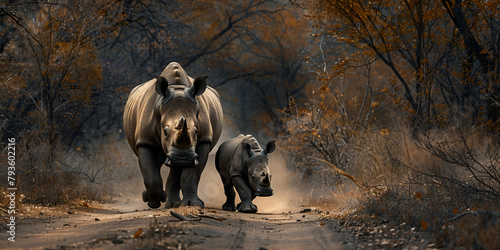 Mother and baby rhinoceros large herbivorous mammals graze in African wilderness  photo