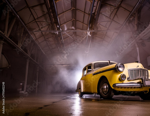 Shiny yellow old racing car in misty garage.
