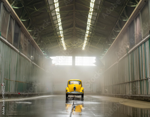 Yellow old timer car in the middle of misty garage.