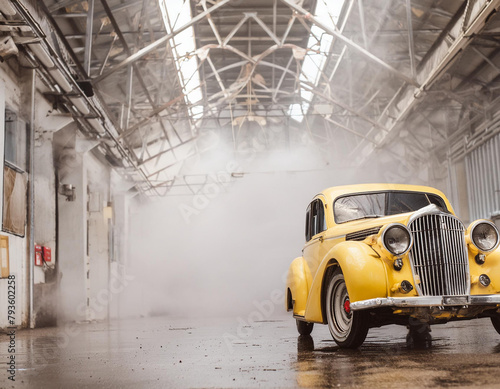 Yellow old timer car in the middle of misty garage.