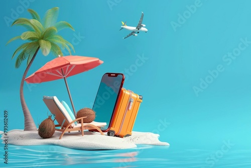 3D vector, deck chairs for sitting, beach umbrella and coconut tree with suitcases, plane taking off, summer vacation concept. photo