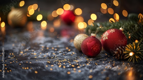 Close-up of red and gold Christmas baubles with soft bokeh lights creating a warm holiday atmosphere. © tashechka