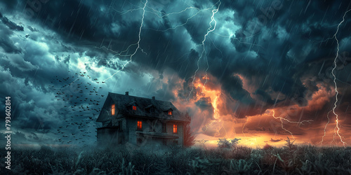 Lighting storm over a suburban house at night, 