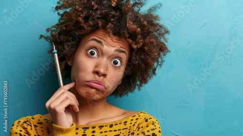 Woman with an exaggerated sad and frustrated expression whilst holding a pen