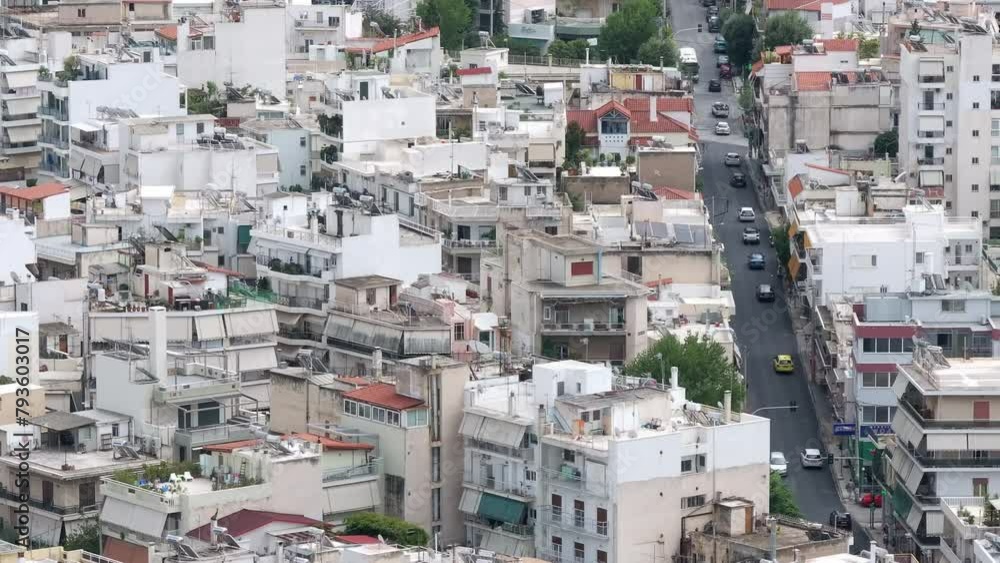 Athens aerial of city centre , panoramic view of buildings and avenue with cars Athens aerial of city centre , panoramic view of buildings and avenue with cars