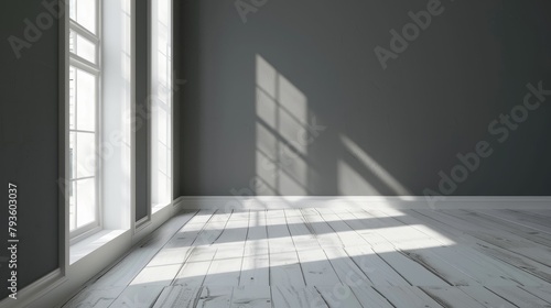 Room with a white wooden floor and a gray wall