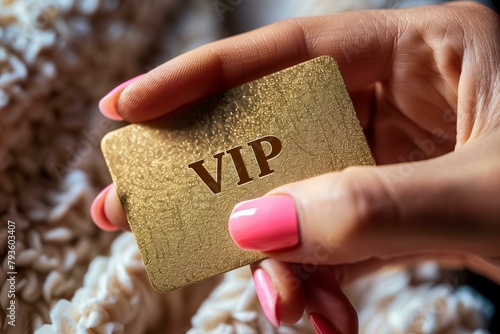 womans hand holding a golden business card with text 