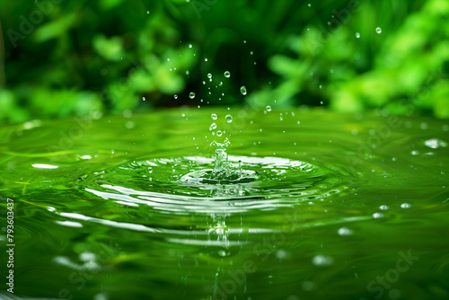 A leaf touching the flowing water of a small stream  creating small splashes and ripples  with lush green plants and a clear sky in the background