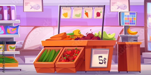 Supermarket interior design. Vector cartoon illustration of food store, grocery shop shelves with jars and packages, wooden box with fresh organic fruit and vegetables, fish in glass refrigerator
