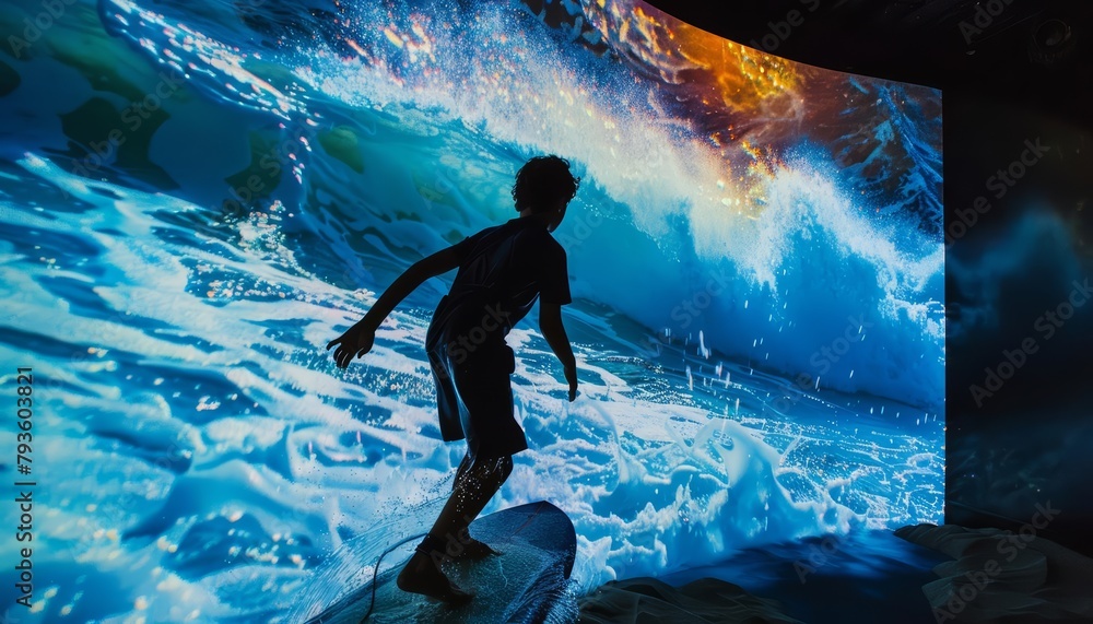 Fototapeta premium With the help of holographic tutors, a young boy learned to surf by riding virtual waves that crashed against a simulated beach, the cool spray of the holographic water a surprisingly realistic sensat
