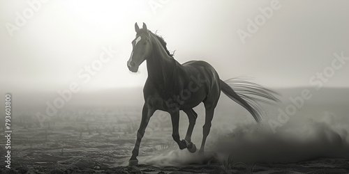 A  wild black horse galloping on the beach horse in motion  beach scene  coastal  sea waves 