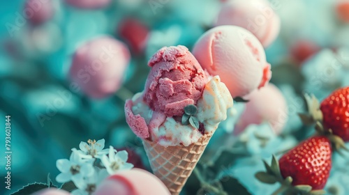 Strawberry ice cream scoop with fresh strawberries and mint. Generative AI