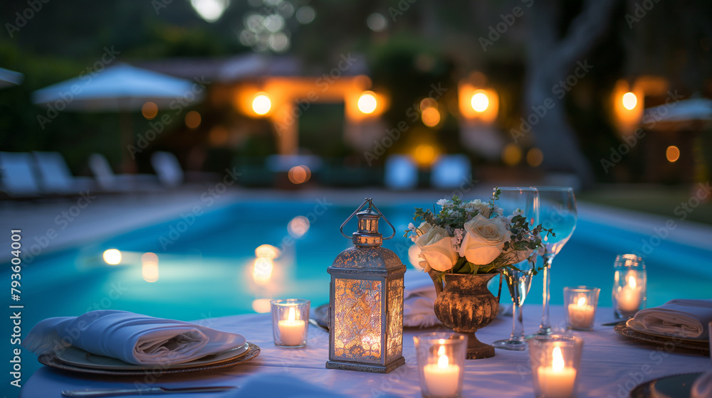 
Romantic evening wedding table by the pool with lanterns