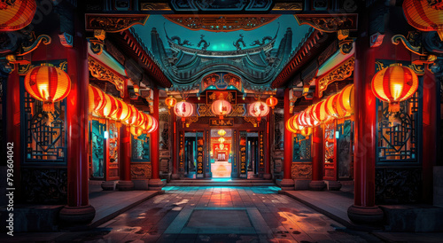 Chinese style architecture, an archway surrounded in the style of red lanterns, a symmetrical composition, a wideangle lens, a night scene, bright colors, a festive atmosphere, lantern light reflectin photo