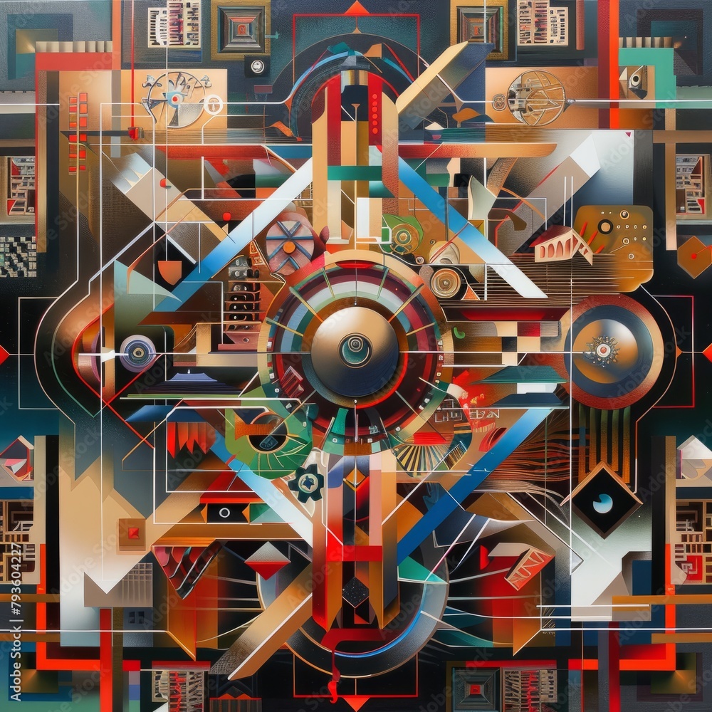 A colorful abstract painting with a lot of shapes and lines