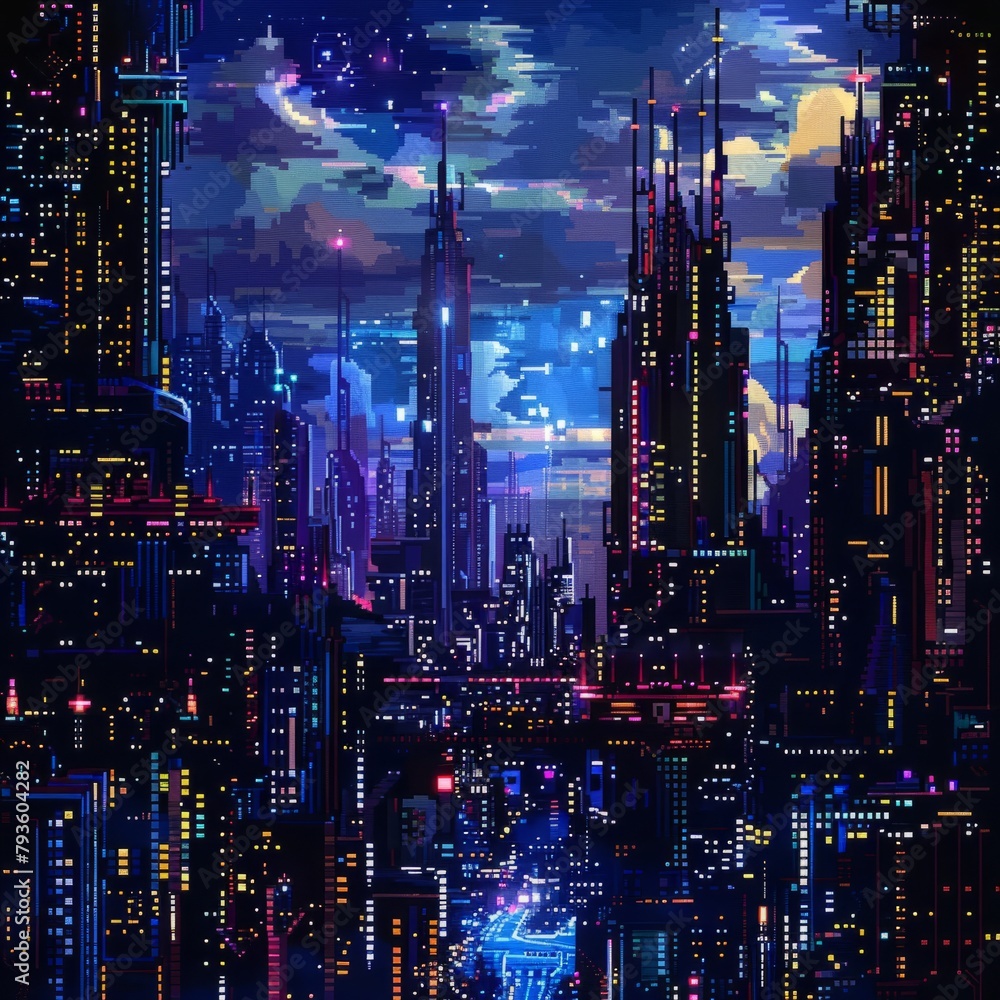 A cityscape with tall buildings and a dark sky