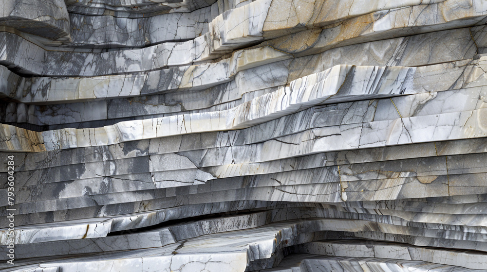 An abstract texture of layered stone, with thin slabs of marble in varying shades of gray and white stacked in a visually compelling arrangement.