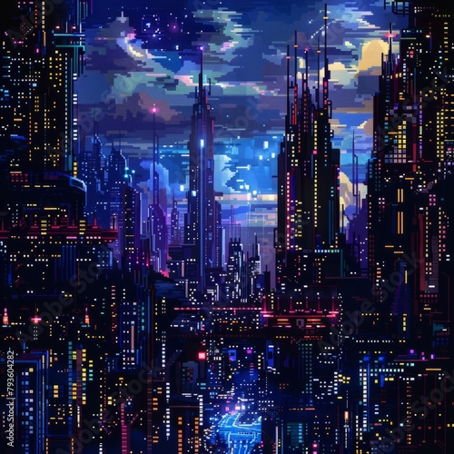A cityscape with tall buildings and a dark sky