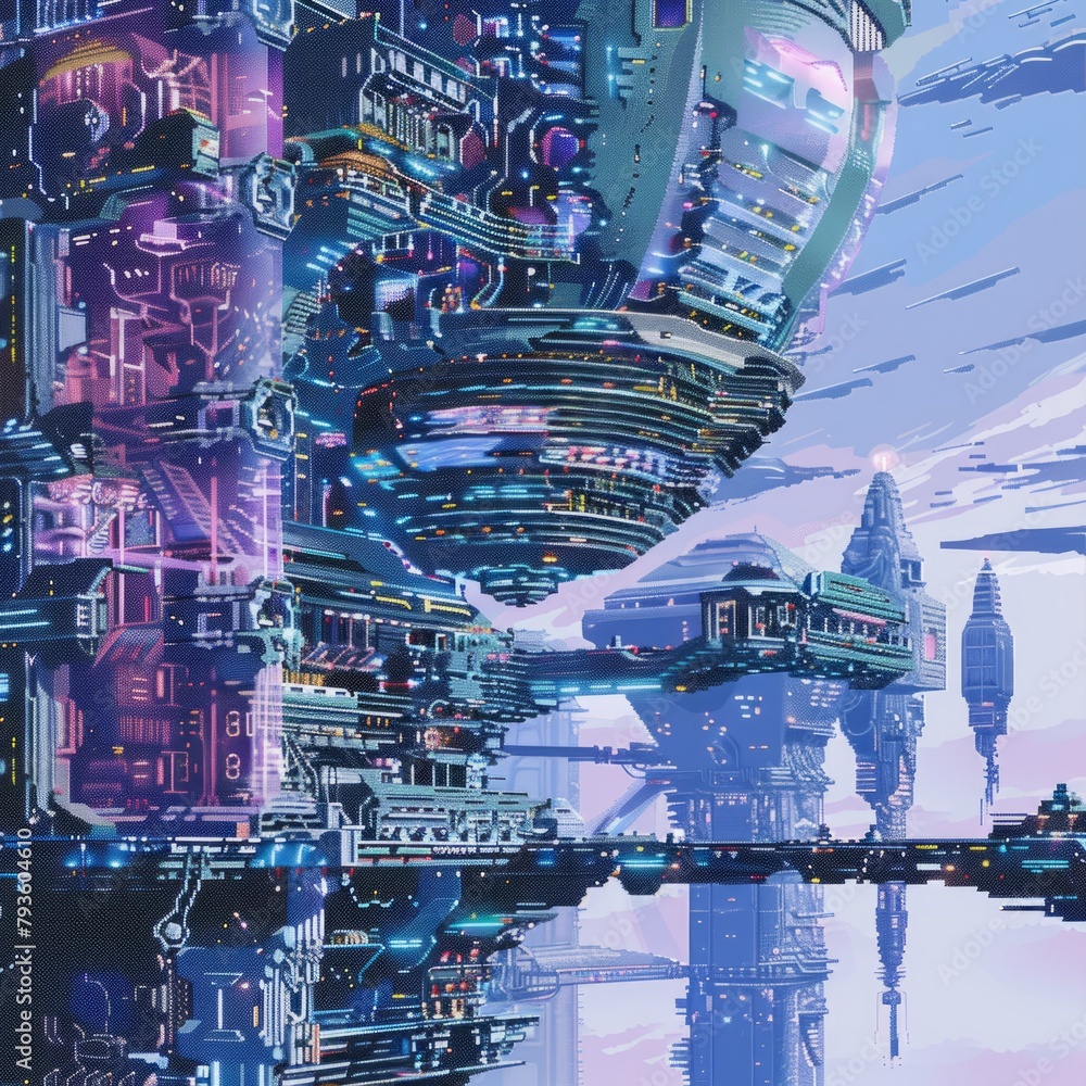 A futuristic cityscape with tall buildings and a large dome