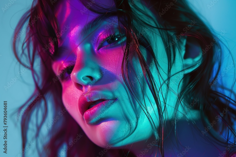 A woman's face illuminated by vibrant blue and pink neon lights, creating a moody and artistic effect.