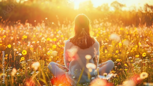Restorative image of a young woman practicing mindfulness in a sunny meadow, surrounded by wildflowers, as she engages in visualization exercises to ease anxiety and promote inner peace. 