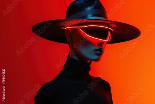 A stylish portrait of a person with glowing neon glasses on a red background.