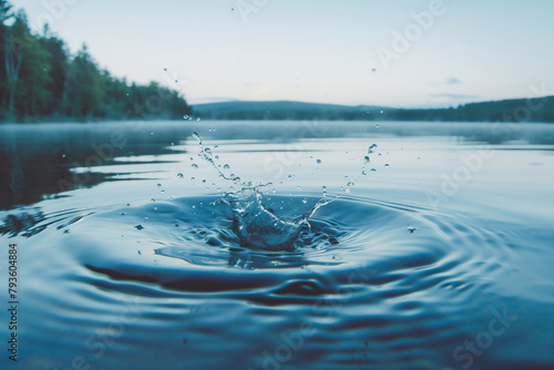 A moment when a large splash arises in a calm lake