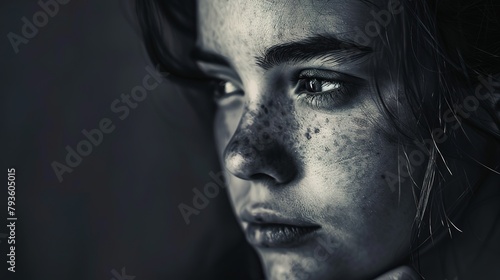 Close-up artistic portrait of a young woman, highlighting her freckles and contemplative expression.