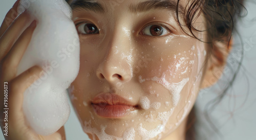 Korean beauty model with flawless skin  using facial wash to swirl thick white foam on her face  closeup of the washing process.