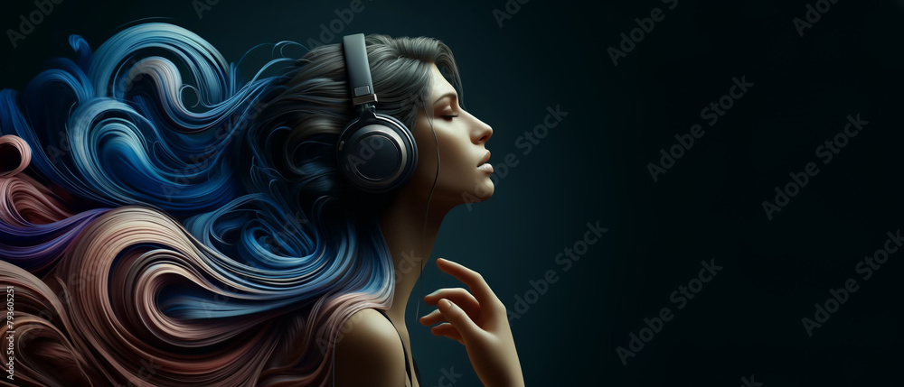 A woman with long hair is wearing headphones and appears to be ...