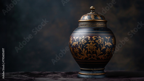 urn for ashes on a black background with space for text