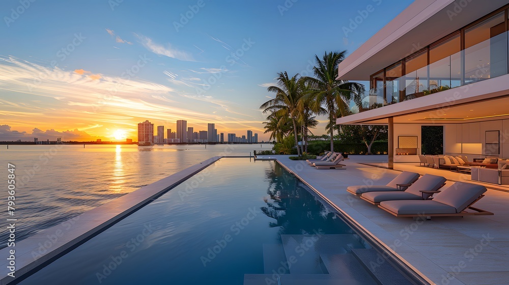 Fototapeta premium Overlooking the Miami skyline, a stunning infinity pool is complemented by sun loungers and palm trees on an outdoor patio, with a modern mansion featuring large windows 