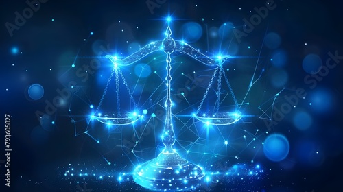 Futuristic justice, law judgement concept with glowing low polygonal balance scales isolated on dark blue background. Modern wire frame mesh design illustration. photo